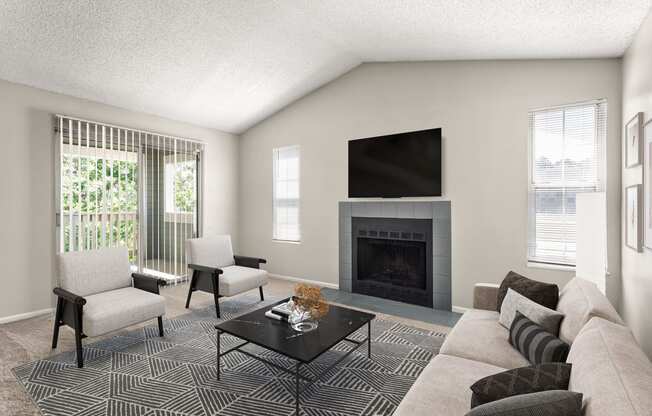 a living room with a couch and chairs and a fireplace at Arcadia Apartments, Centennial, 80112