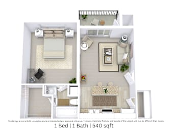 1 bed, 1 bath, 540 sqft, $905