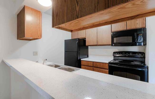 A kitchen with black appliances and wooden cabinets.