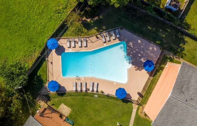 arial view of a pool in a backyard with umbrellas