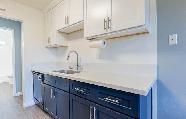 A kitchen with blue cabinets and a white counter.
