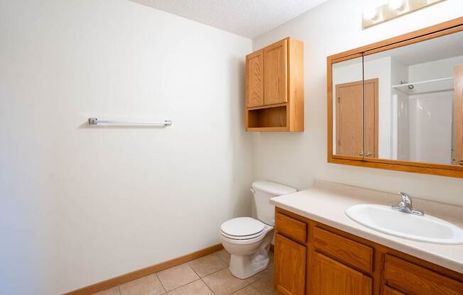 A bathroom with a toilet, sink, and wooden cabinets. Bismarck, ND Sierra Ridge Apartments