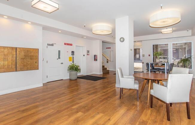 Community room with wooden floors