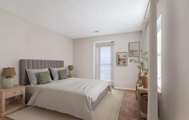 a bedroom with a large bed and a window