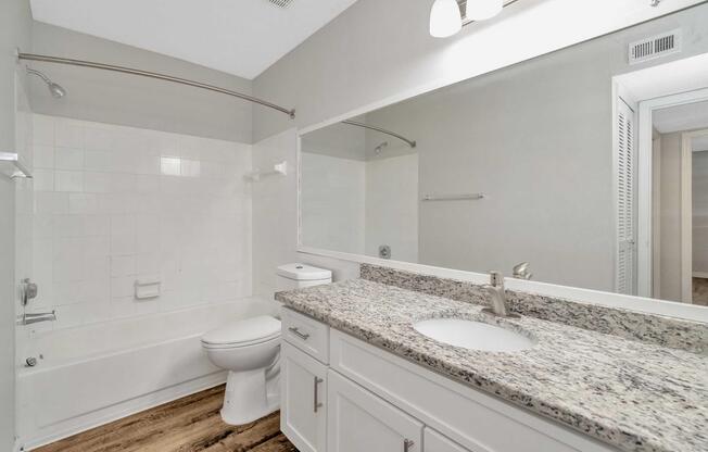 A modern bathroom featuring a bathtub with a shower, a white toilet, and a granite countertop with a sink. The mirror spans the length of the countertop, and the walls are painted light gray. Wood-style flooring is visible in the foreground.