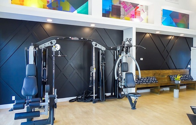 A gym with a variety of equipment including a leg press machine, a chest press machine, a lat pulldown machine, a seated calf raise machine, a leg curl machine, a seated leg extension machine, a seated