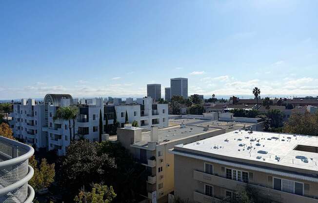 Rooftop cityscape view with buildings and trees under a clear sky.