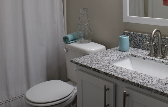 Stillwater apartments bathroom with granite countertops, toilet, and shower curtain
