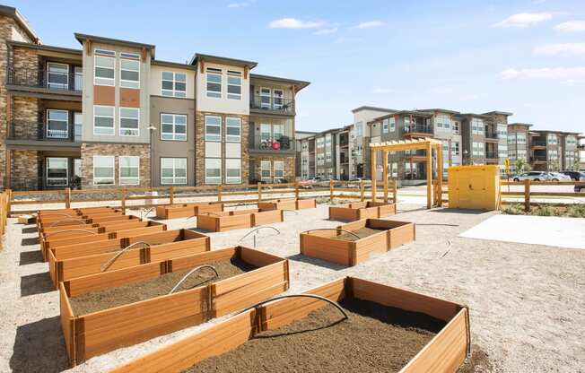 Community garden with dirt plots boxed in by brown wood panels, entrance features awning