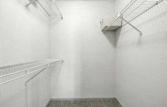 A white walk-in closet with a metal shelf and a carpeted floor.