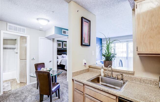 Dishwasher and disposal at Trinity Square Apartments in North Dallas, TX, For Rent. Now leasing 1 and 2 bedroom apartments.