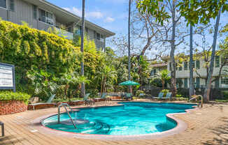 A pool surrounded by a wooden deck and green trees.