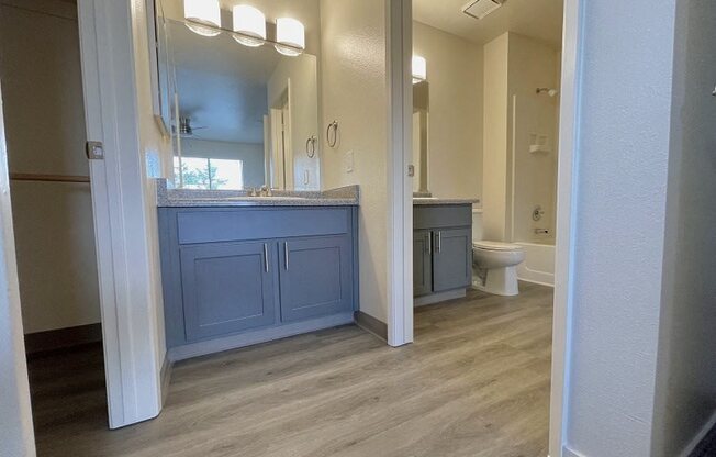 a bathroom with blue cabinets and a toilet and a sink