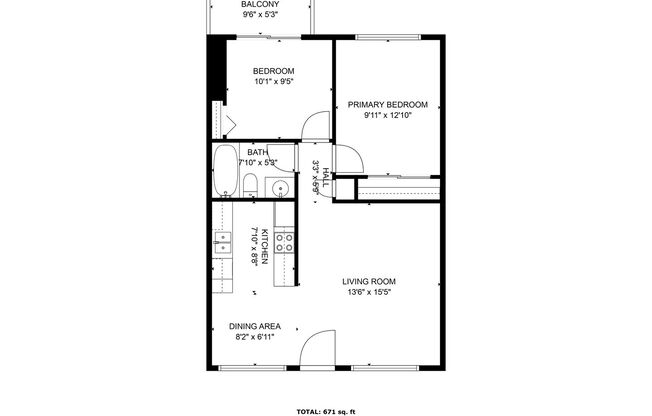 2 beds, 1 bath, 671 sqft, $1,425, Unit E