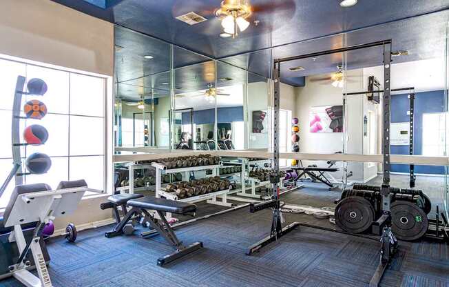 A gym with a variety of equipment including weights and a bench.
