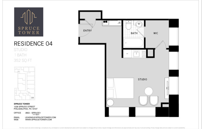 Studio, 1 bath, 352 sqft, $1,278.75, Unit 804