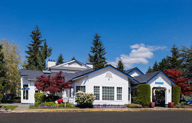 A white house with a blue roof and a red tree in front.