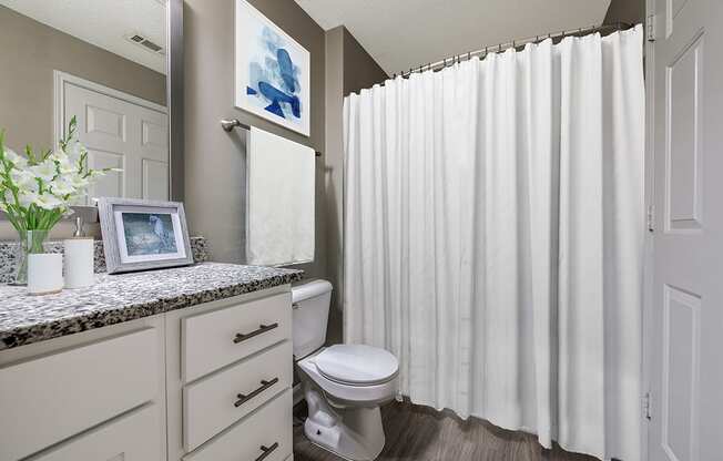 a bathroom with a white shower curtain and a toilet