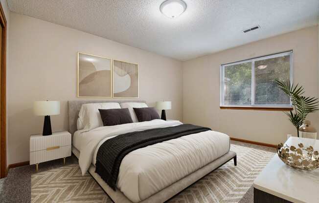 Omaha, NE Deerfield Apartments. A bedroom with a bed and two windows