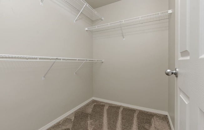 A white closet with a carpeted floor and a white door.
