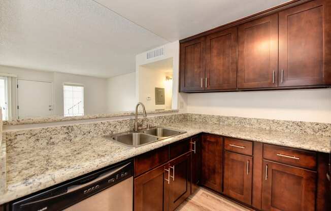 Kitchen with granite counters, darker cabinetry, stainless dishwasher and dual sink. 