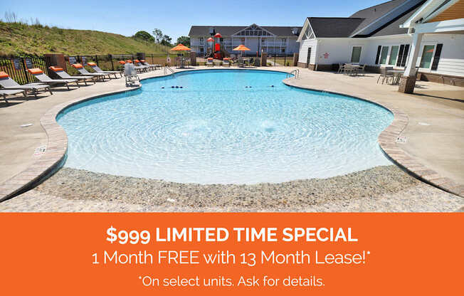 A swimming pool with an orange banner reading "$999 LIMITED TIME SPECIAL: 1 Month FREE with 13 Moth Lease!* *On select units. Ask for details."