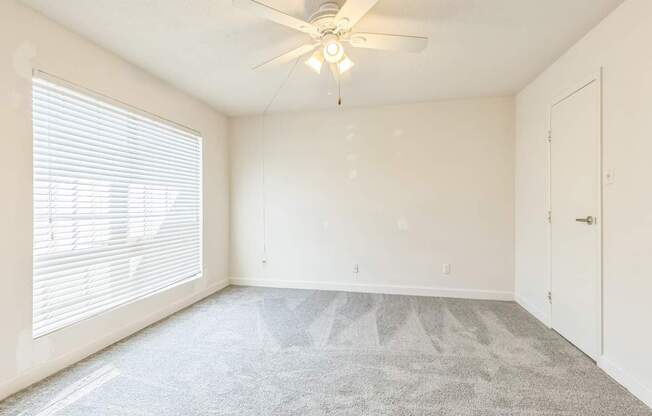 A room with a ceiling fan and carpeted floor.
