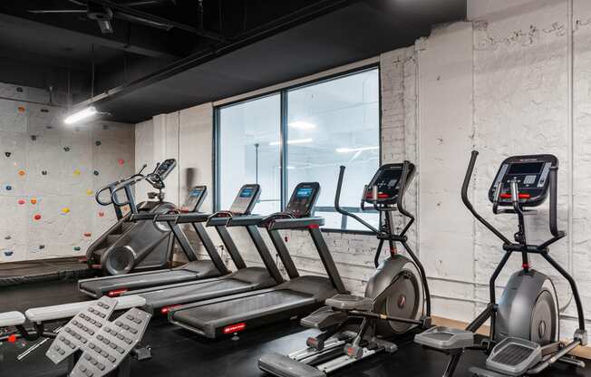 a group of treadmills and other exercise equipment in a gym