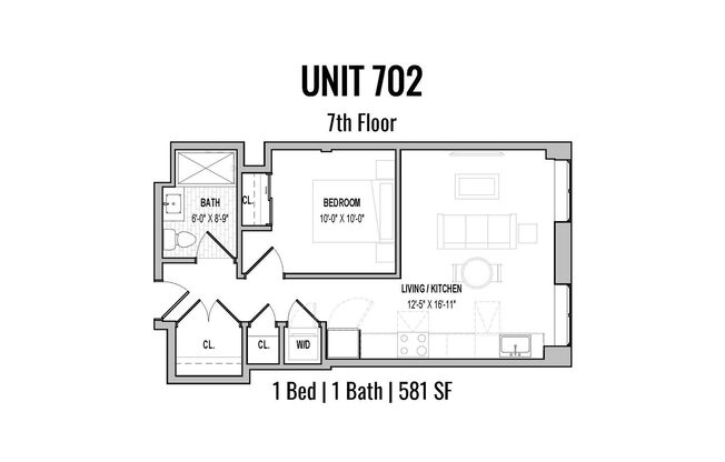 1 bed, 1 bath, 581 sqft, $2,349, Unit 702