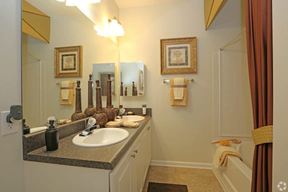 Functional bathroom with dual vanity and large tub at The Columns at Bear Creek, New Port Richey 34654