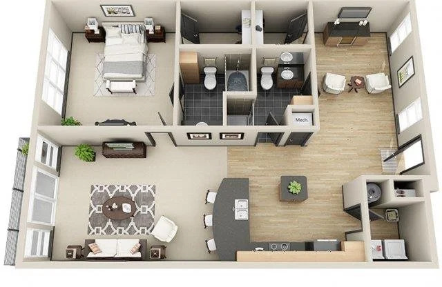 1 bed, 2 baths, 1,308 sqft, $1,777