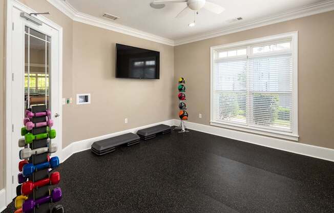 A room with a black floor and a white ceiling fan.