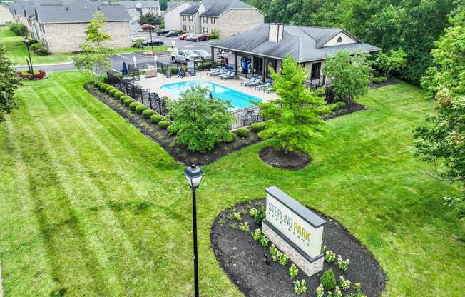 an aerial view of a swimming pool