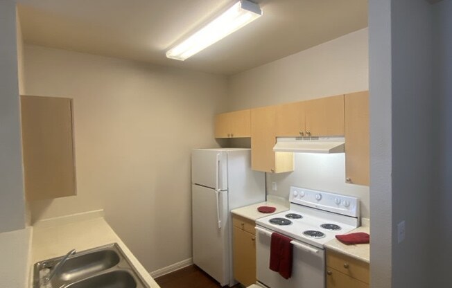 a kitchen with white appliances and a sink and a white refrigerator