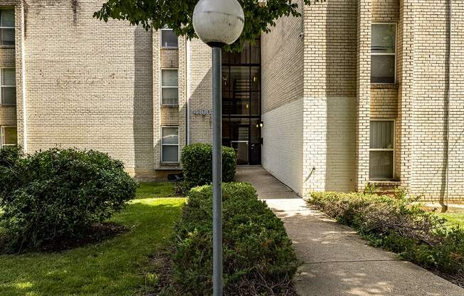 a street light in front of a building