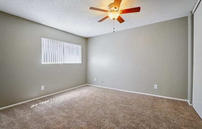 the spacious living room with carpet and a ceiling fan