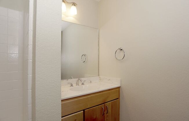 a bathroom with a sink and a mirror and a shower