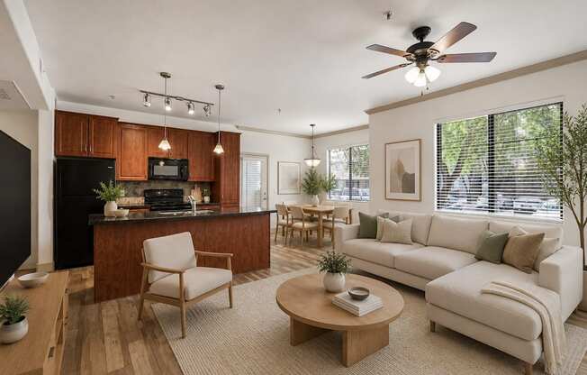 A modern living room with a white sofa and wooden furniture.