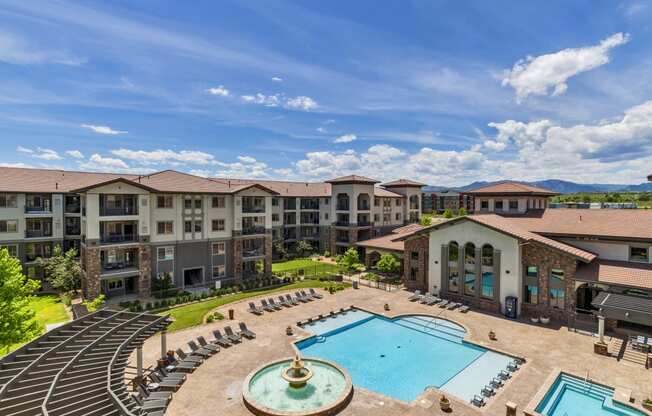 Apartments for Rent in Broomfield CO - Terracina - Bird's Eye View of Pool, Jacuzzi, and Surrounding Lounge Seating