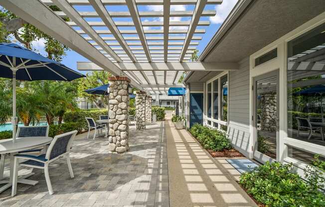 a covered patio with tables and chairs and umbrellas