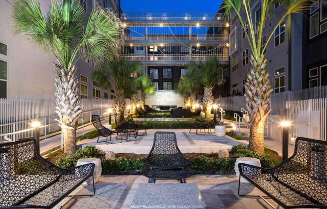 Beautiful courtyard with seating at Metro West, Plano, 75024