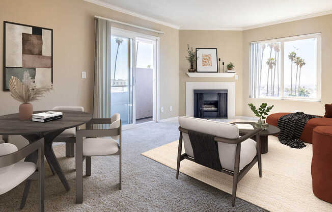 Carpeted Living Room with Fireplace and Balcony
