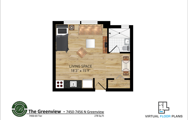 Studio, 1 bath, 275 sqft, $1,275, Unit 7450-53