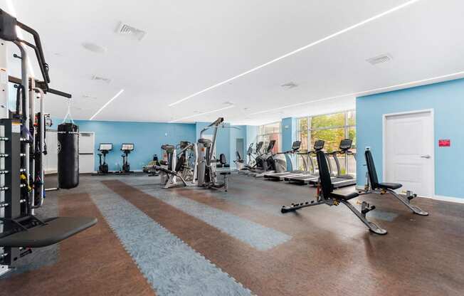 station row fitness center with benches, machines, cardio equipment