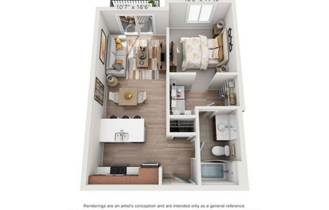 Studio, 1 bath, 611 sqft, $1,025, Unit 101