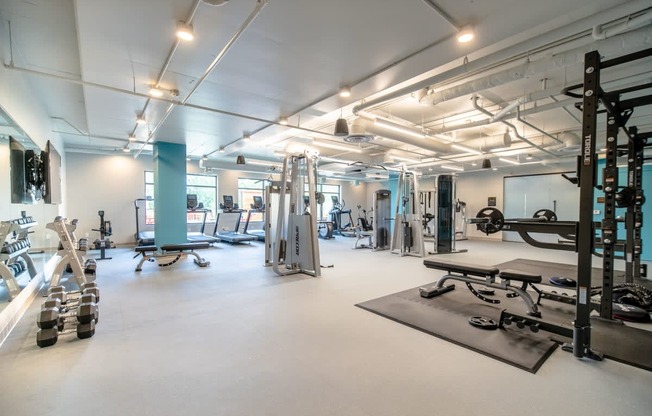 a gym with a lot of weights and exercise equipment