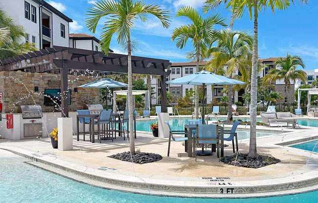 Outdoor grilling island with seating