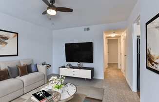 a living room with a couch and a table and a tv