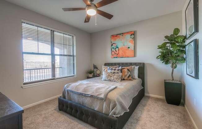 bedroom with ceiling fan and window view
