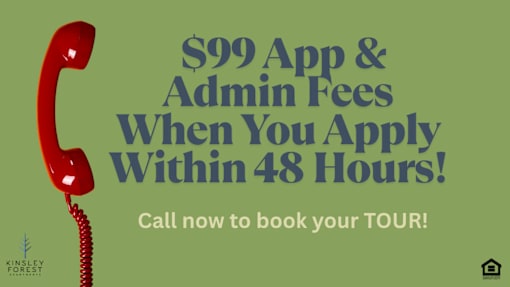 A red telephone on a green background with text offering a discounted app and admin fee for booking a tour within 48 hours.